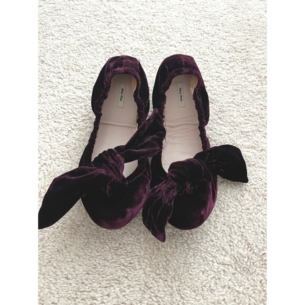 NWOB Miu Miu Purple Velvet Ballet Flats Bow Tie Front Sz 38 Ballerina